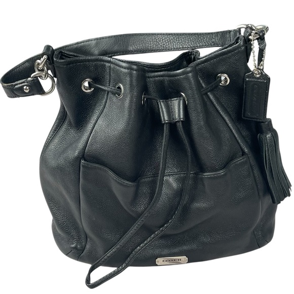 Coach Avery Pebbled Leather Hobo Bag Bucket Drawstring Black Teal Silver - Picture 1 of 16